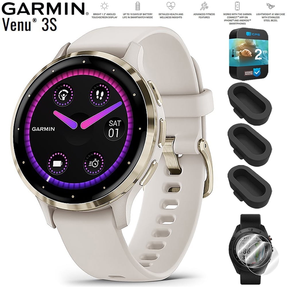 Garmin 010-02785-04 Venu 3S Health Fitness GPS Smartwatch Gold Steel Bezel with Ivory Case 41mm Bundle with Dust Cover 3 Pack, 2-Pack Screen Protector and 2 YR CPS Enhanced Protection Pack