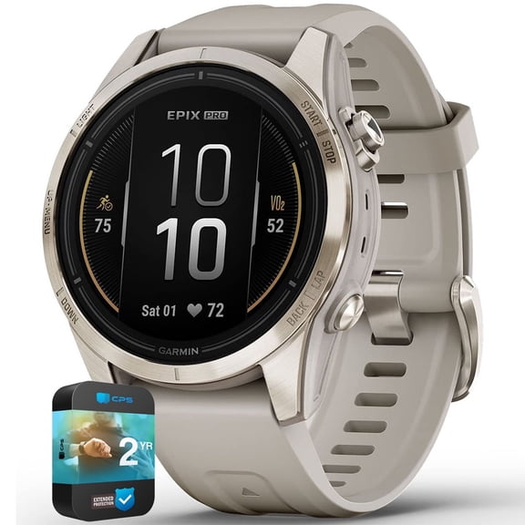 Garmin 010-02802-00 Epix Pro (Gen 2) 42mm Sapphire Soft Gold Steel Light Sand Bundle with 2 YR CPS Enhanced Protection Pack
