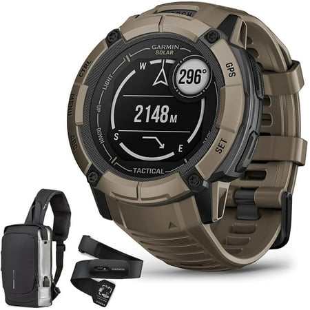 Garmin 010-02805-12 Instinct 2X Solar Rugged GPS Smartwatch Tactical Edition Coyote Tan Bundle with Garmin Heart Rate Monitor Strap M-XL and Deco Essentials Sling Backpack USB Charging Waterproof