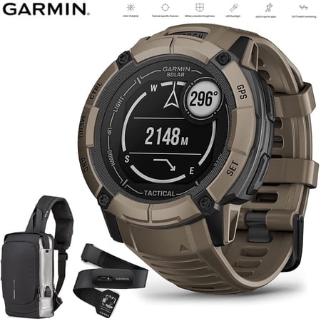 Garmin 010-02805-12 Instinct 2X Solar Rugged GPS Smartwatch Tactical Edition Coyote Tan Bundle with Garmin Heart Rate Monitor Strap XS-S and Deco Essentials Sling Backpack USB Charging Waterproof