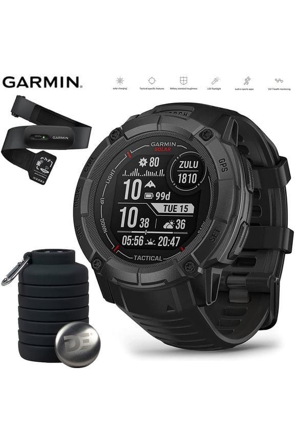 010-02805-13 Instinct 2X Solar Rugged GPS Smartwatch Tactical Edition Black Bundle with Garmin Heart Rate Monitor Accurate Heart Rate & HRV Data Strap M-XL and Collapsable Water Bottle