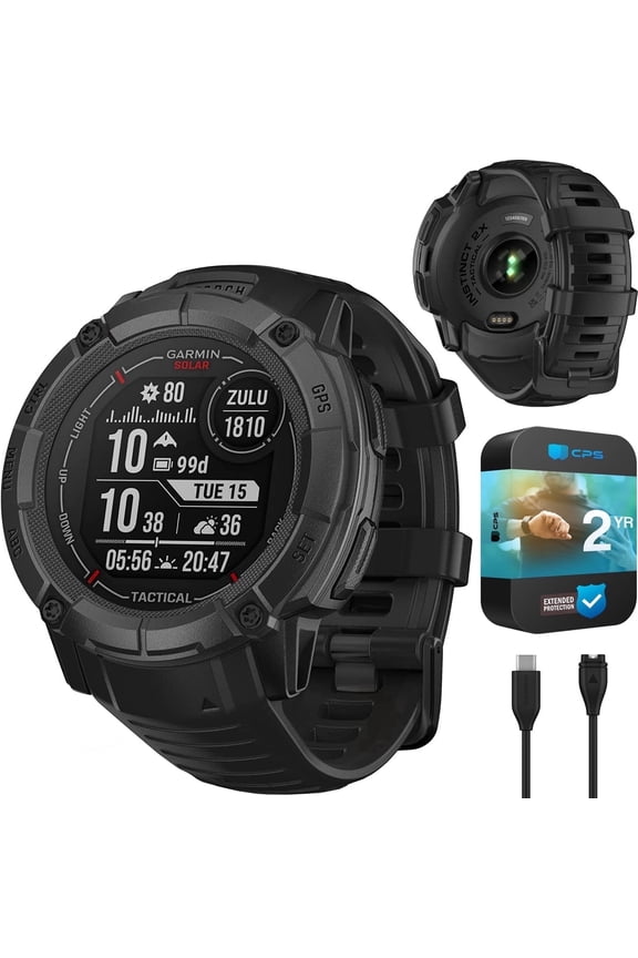 Instinct 2X Solar - Tactical Edition, Solar Charging, Rugged GPS Smartwatch, Built-in Flashlight, Ballistics Calculator, Black 010-02805-13 Bundle with 2 YR CPS Enhanced Protection Pack