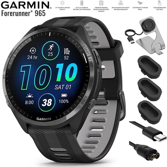 Garmin 010-02809-00 Forerunner 965 Running Smartwatch Black and Powder Gray Bundle with Deco Essentials Charging Dock, Silicone Dust Cover 3 Pack and USB Type C Charging and Sync Cable