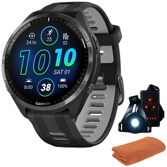 Garmin 010-02809-00 Forerunner 965 Running Smartwatch, Black and Powder Gray Bundle with Workout Cooling Sport Towel + Deco Essentials Wearable Commuter Front & Rear Safety Light