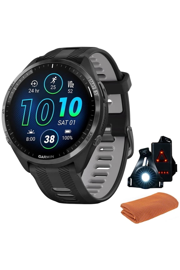 010-02809-00 Forerunner 965 Running Smartwatch, Black and Powder Gray Bundle with Workout Cooling Sport Towel + Deco Essentials Wearable Commuter Front & Rear Safety Light