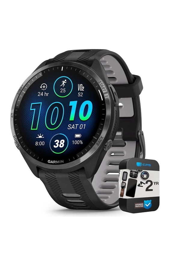 010-02809-00 Forerunner 965 Running Smartwatch Black and Powder Gray Bundle with 2 YR CPS Enhanced Protection Pack