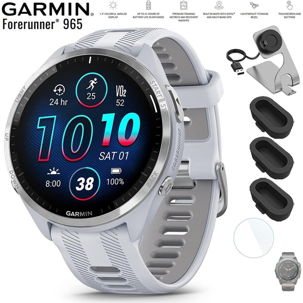 Garmin 010-02809-01 Forerunner 965 Running Smartwatch Whitestone and Powder Gray Bundle with Deco Essentials Charging Dock, Silicone Dust Cover 3 Pack and 1.4 Inch Screen Protector