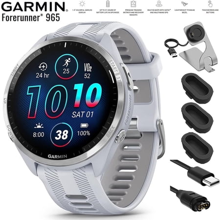 Garmin 010-02809-01 Forerunner 965 Running Smartwatch Whitestone and Powder Gray Bundle with Deco Essentials Charging Dock, Silicone Dust Cover 3 Pack and USB Type C Charging and Sync Cable