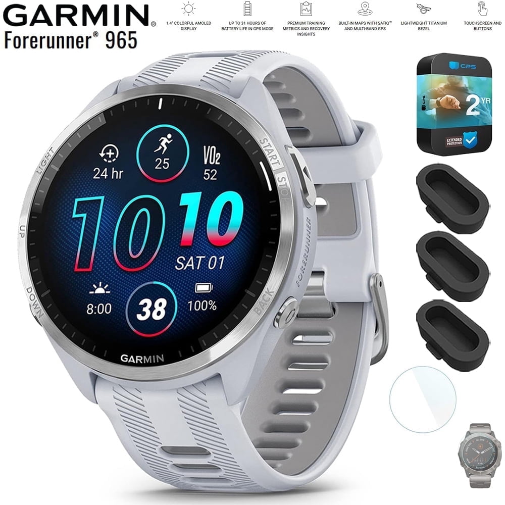 Garmin 010-02809-01 Forerunner 965 Running Smartwatch Whitestone and Powder Gray Bundle with Silicone Dust Cover 3 Pack, 1.4 Inch Screen Protector and 2 YR CPS Enhanced Protection Pack