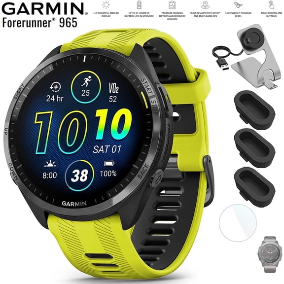 Garmin 010-02809-02 Forerunner 965 Running Smartwatch Amp Yellow and Black Bundle with Deco Essentials Charging Dock, Silicone Dust Cover 3 Pack and 1.4 Inch Screen Protector