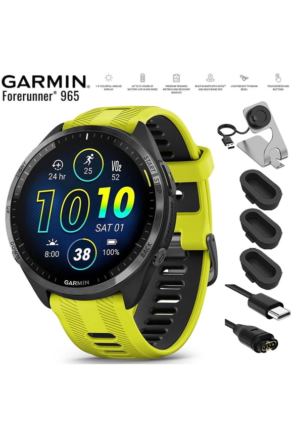 010-02809-02 Forerunner 965 Running Smartwatch Amp Yellow and Black Bundle with Deco Essentials Charging Dock, Silicone Dust Cover 3 Pack and USB Type C Charging and Sync Cable