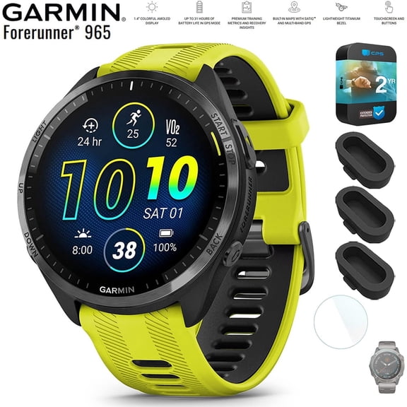 Garmin 010-02809-02 Forerunner 965 Running Smartwatch Amp Yellow and Black Bundle with Silicone Dust Cover 3 Pack, 1.4 Inch Screen Protector and 2 YR CPS Enhanced Protection Pack