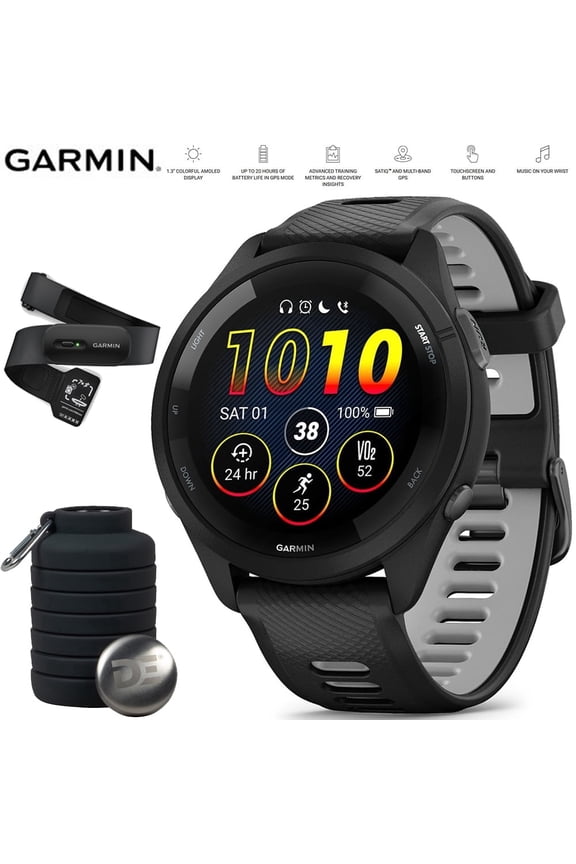 010-02810-00 Forerunner 265 GPS Smartwatch Black/Powder Gray Bundle with Garmin Heart Rate Monitor Accurate Heart Rate & HRV Data Strap XS-S and Deco Essentials Collapsable Water Bottle