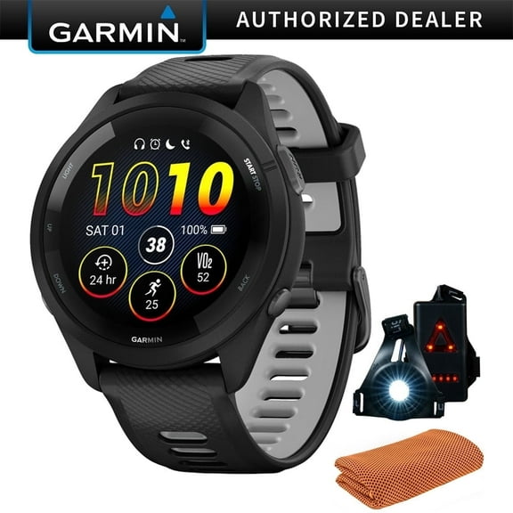 Garmin 010-02810-00 Forerunner 265 GPS Smartwatch, Black/Powder Gray Bundle with Workout Cooling Sport Towel + Deco Essentials Wearable Commuter Front & Rear Safety Light
