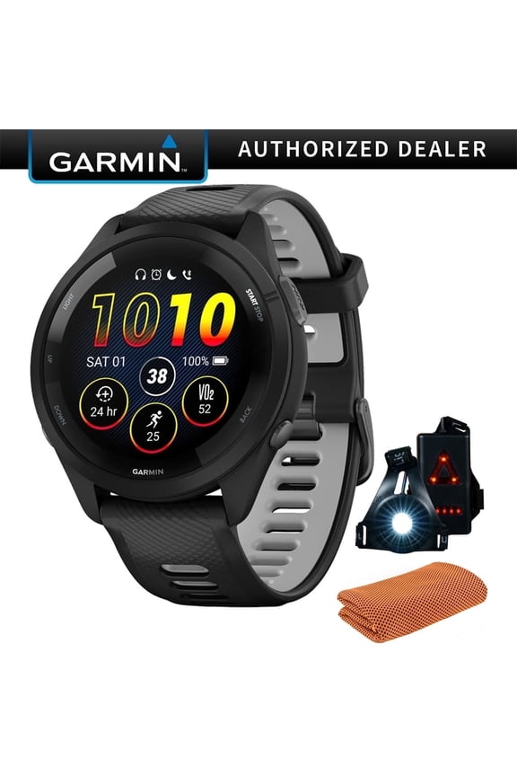 010-02810-00 Forerunner 265 GPS Smartwatch, Black/Powder Gray Bundle with Workout Cooling Sport Towel + Deco Essentials Wearable Commuter Front & Rear Safety Light