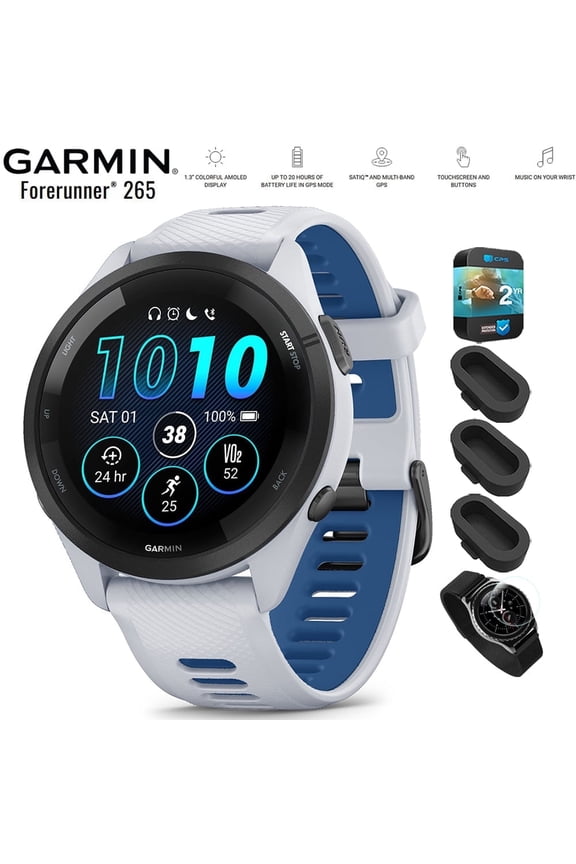 010-02810-01 Forerunner 265 GPS Smartwatch Whitestone/Tidal Blue Bundle with Deco Essentials Silicone Dust Cover 3 Pack, Round Screen Protector and 2 YR CPS Enhanced Protection Pack