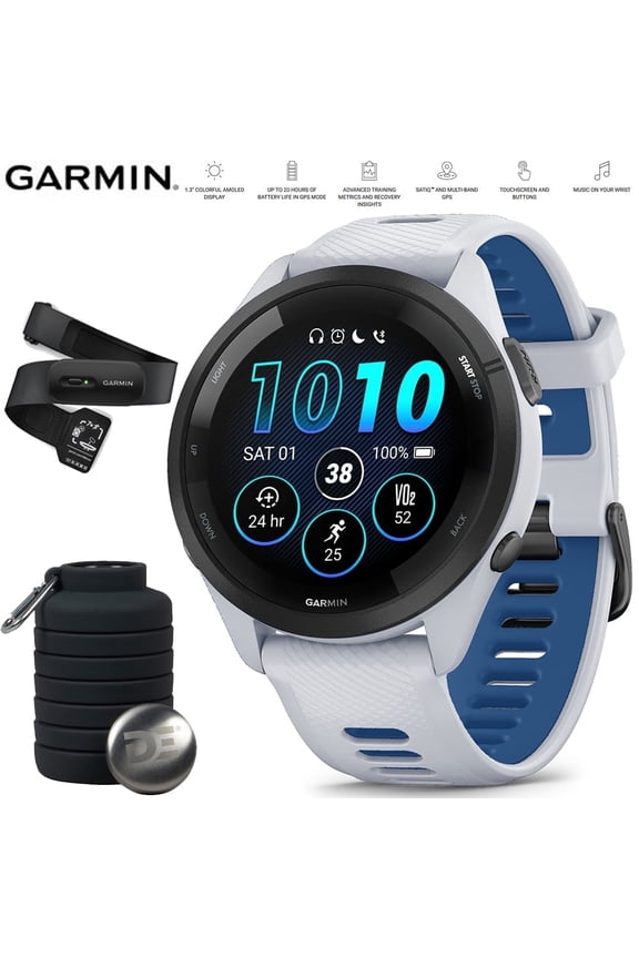 010-02810-01 Forerunner 265 GPS Smartwatch Whitestone/Tidal Blue Bundle with Garmin Heart Rate Monitor Accurate Heart Rate & HRV Data Strap M-XL and Deco Essentials Collapsable Water Bottle