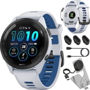 Garmin Forerunner 265 GPS Smartwatch, Whitestone/Tidal Blue Bundle with Deco Essentials Charging Dock for Garmin Venu 3 + Silicone Dust Cover + Round Tempered Glass Screen Protector