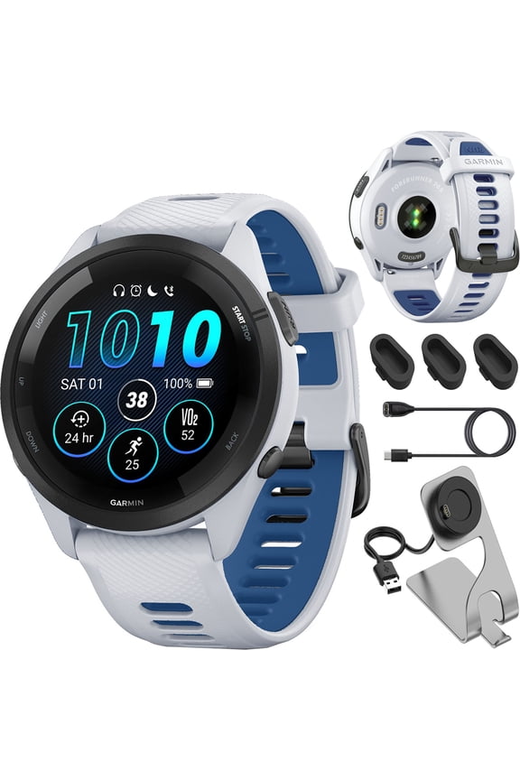 Forerunner 265 GPS Smartwatch, Whitestone/Tidal Blue Bundle with Deco Essentials Charging Dock for Garmin Venu 3 + Silicone Dust Cover + USB Type C Charging and Sync Cable