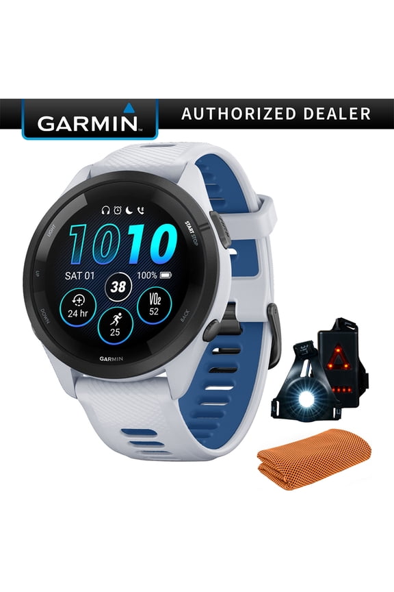010-02810-01 Forerunner 265 GPS Smartwatch, Whitestone/Tidal Blue | Official USA Partner Model | Bundle with Sport Towel + Deco Essentials Wearable Commuter Front & Rear Safety Light