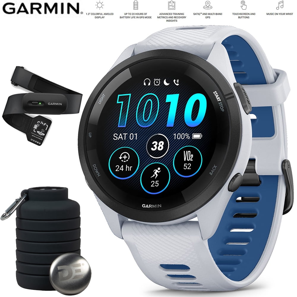 Garmin 010-02810-01 Forerunner 265 GPS Smartwatch Whitestone/Tidal Blue Bundle with Garmin Heart Rate Monitor Accurate Heart Rate & HRV Data Strap XS-S and Deco Essentials Collapsable Water Bottle