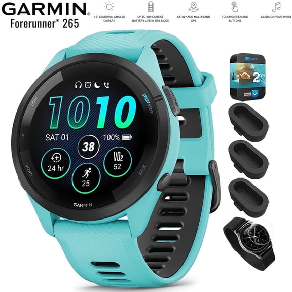 Garmin 010-02810-02 Forerunner 265 GPS Smartwatch Aqua/Black Bundle with Deco Essentials Silicone Dust Cover 3 Pack, Round Tempered Glass Screen Protector and 2 YR CPS Enhanced Protection Pack