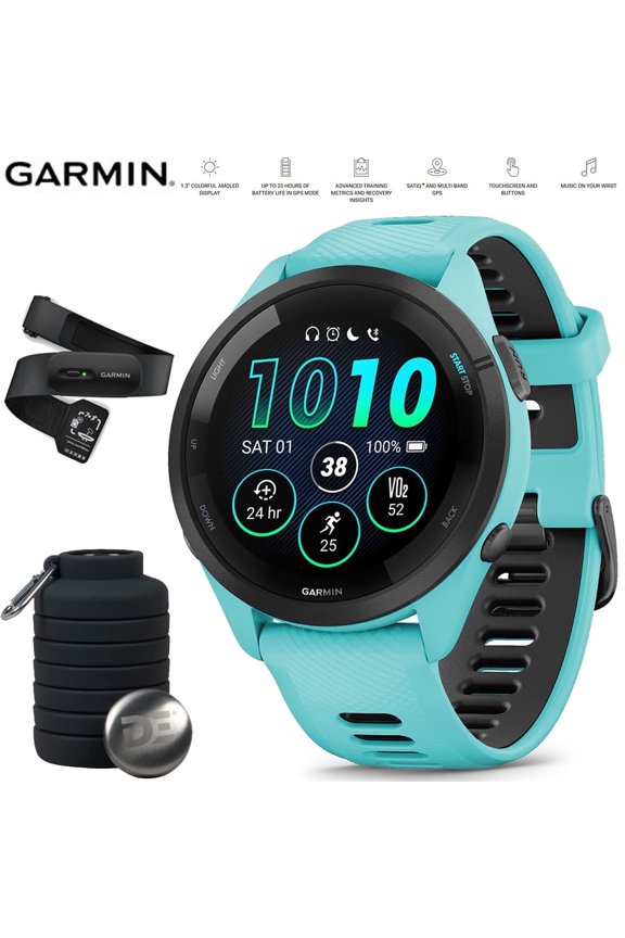 010-02810-02 Forerunner 265 GPS Smartwatch Aqua/Black Bundle with Garmin Heart Rate Monitor Accurate Heart Rate & HRV Data Washable Strap M-XL and Deco Essentials Collapsable Water Bottle