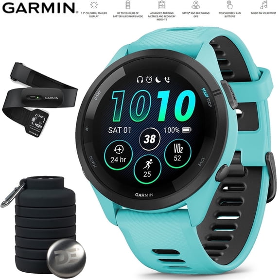 Garmin 010-02810-02 Forerunner 265 GPS Smartwatch Aqua/Black Bundle with Garmin Heart Rate Monitor Accurate Heart Rate & HRV Data Washable Strap M-XL and Deco Essentials Collapsable Water Bottle