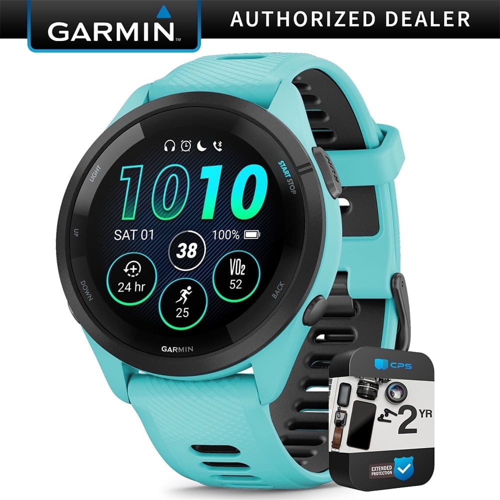 Garmin 010-02810-02 Forerunner 265 GPS Smartwatch Aqua/Black Bundle with 2 YR CPS Enhanced Protection Pack