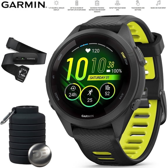 Garmin 010-02810-03 Forerunner 265S GPS Smartwatch Black/Amp Yellow Bundle with Garmin Heart Rate Monitor Accurate Heart Rate & HRV Data Strap M-XL and Deco Essentials Collapsable Water Bottle