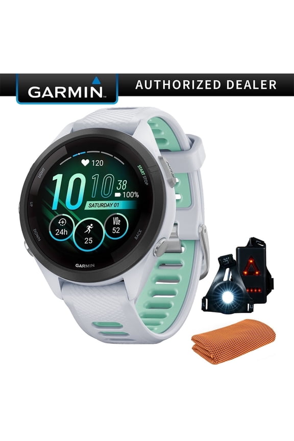 010-02810-04 Forerunner 265S GPS Smartwatch, Whitestone/Neo Tropic Bundle with Sport Towel + Deco Essentials Wearable Commuter Front & Rear Safety Light| Official Garmin USA Dealer