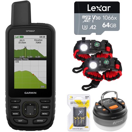 Garmin 010-02813-00 GPSMAP 67 Rugged GPS Handheld Bundle with 64GB Memory Card, 2-Pack Tactical Emergency Paracord Bracelet, Dome Lantern Flashlight and 4x Rechargeable AA Batteries w/ Charger