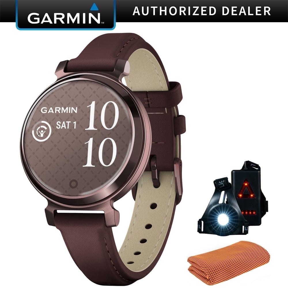 Garmin 010-02839-03 Lily 2 Classic Dark Bronze with Mulberry Leather Band Smartwatch Bundle with Sport Towel + Deco Essentials Wearable Commuter Front & Rear Safety Light| Official Garmin USA Dealer