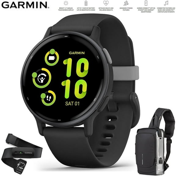Garmin 010-02862-10 Vivoactive 5 Fitness Smartwatch Black Bundle with Garmin Heart Rate Monitor Strap M-XL and Deco Essentials Sling Backpack USB Charging Waterproof