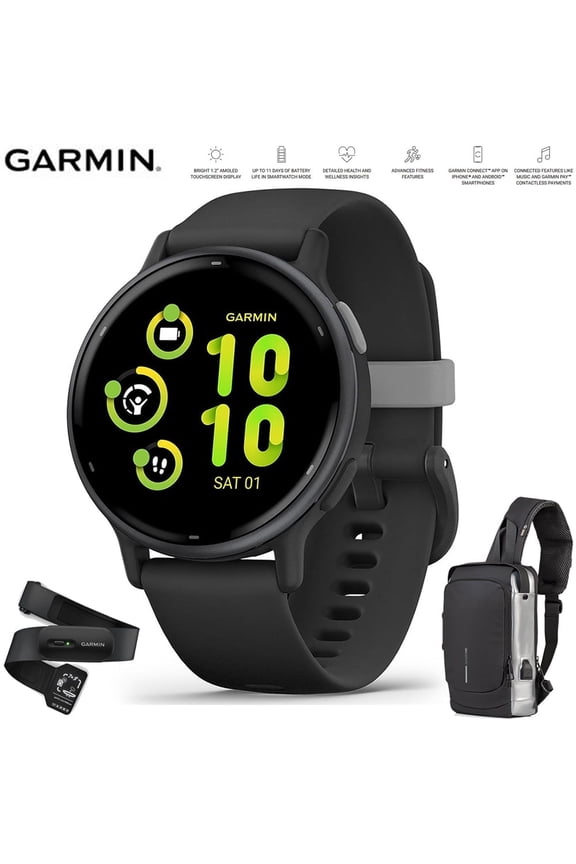010-02862-10 Vivoactive 5 Fitness Smartwatch Black Bundle with Garmin Heart Rate Monitor Strap M-XL and Deco Essentials Sling Backpack USB Charging Waterproof