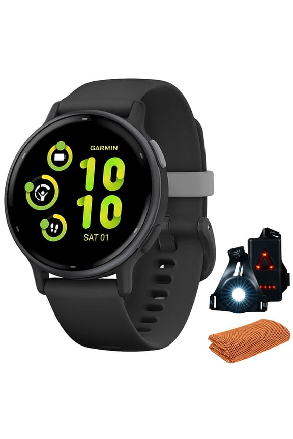 010-02862-10 Vivoactive 5 Fitness Smartwatch, Black Bundle with Workout Cooling Sport Towel and Deco Essentials Wearable Commuter Front and Rear Safety Light