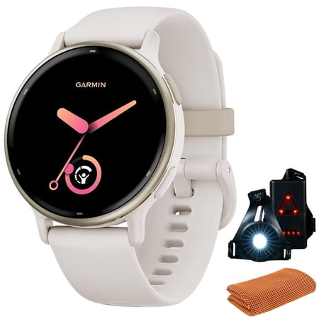Garmin 010-02862-11 Vivoactive 5 Fitness Smartwatch, Ivory Bundle with Workout Cooling Sport Towel and Deco Essentials Wearable Commuter Front and Rear Safety Light