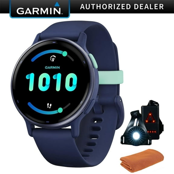 Garmin 010-02862-12 Vivoactive 5 Fitness Smartwatch, Navy Bundle with Workout Cooling Sport Towel and Deco Essentials Wearable Commuter Front and Rear Safety Light| Official Garmin USA Dealer