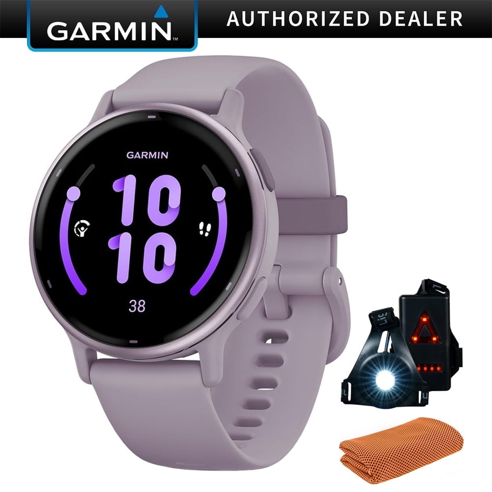 Garmin 010-02862-13 Vivoactive 5 Fitness Smartwatch, Orchid Bundle with Workout Cooling Sport Towel and Deco Essentials Wearable Commuter Front and Rear Safety Light| Official Garmin USA Dealer