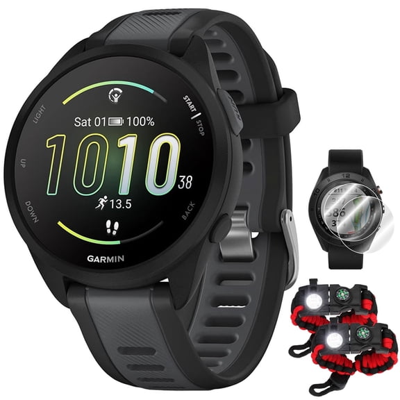 Garmin 010-02863-20 Forerunner 165 Smart Sport Watch, Black + Slate Gray Bundle with Deco Essentials 2X Tactical Emergency Paracord Multipurpose Bracelet and 2X Screen Protector
