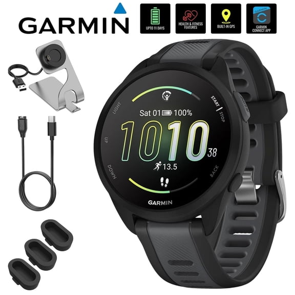 Garmin 010-02863-20 Forerunner 165 Smart Sport Watch, Black + Slate Gray Bundle with Deco Essentials Charging Dock, 3x Silicone Dust Cover and USB Type C Charging and Sync Cable