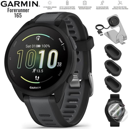 Garmin 010-02863-20 Forerunner 165 Smart Sport Watch Black + Slate Gray Bundle with Deco Essentials Charging Dock, Silicone Dust Cover 3 Pack and Screen Protector for 1.2 inch 2 Pack