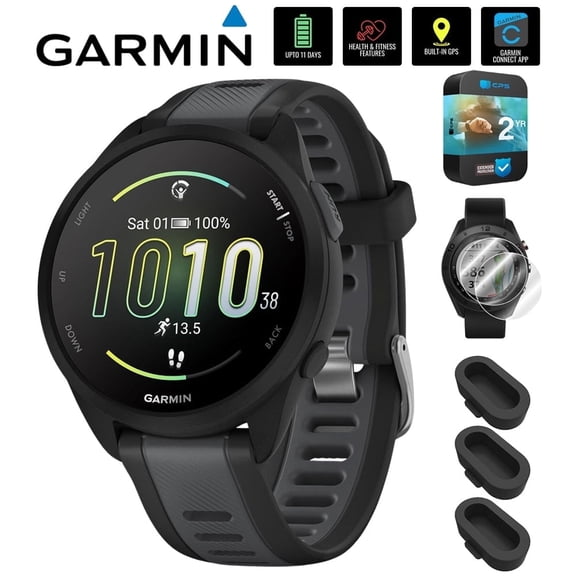 Garmin 010-02863-20 Forerunner 165 Smart Sport Watch, Black + Slate Gray Bundle with Silicone Dust Cover 3 Pack, 2X 1.2 Inch Screen Protector and 2 Year Extended Warranty
