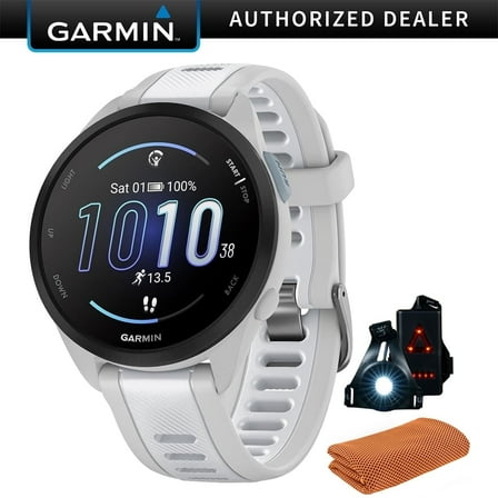 Garmin 010-02863-21 Forerunner 165 Smart Sport Watch, Mist Gray + Whitestone | Official USA Partner Model | Bundle with Sport Towel + Deco Essentials Wearable Commuter Front and Rear Safety Light
