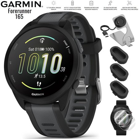 Garmin 010-02863-30 Forerunner 165 Music Smart Sport Watch Black + Slate Gray Bundle with Deco Essentials Charging Dock, Silicone Dust Cover 3 Pack and Screen Protector for 1.2 inch 2 Pack