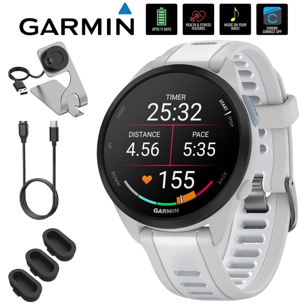 Garmin 010-02863-31 Forerunner 165 Music Smart Sport Watch, Mist Gray + Whitestone Bundle with Deco Essentials Charging Dock, 3x Silicone Dust Cover and USB Type C Charging and Sync Cable