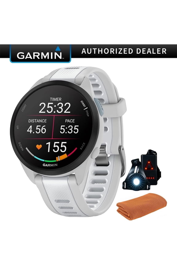 010-02863-31 Forerunner 165 Music Smart Sport Watch, Mist Gray + Whitestone Bundle with Sport Towel and Deco Essentials Wearable Commuter Front, Rear Safety Light| Official Garmin USA Dealer