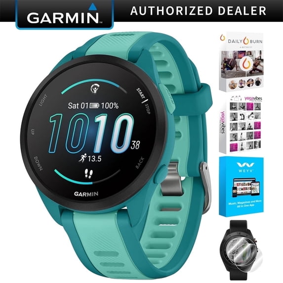Garmin 010-02863-32 Forerunner 165 Music Smart Sport Watch, Turquoise + Aqua Bundle with Deco Essentials 2-Pack Screen Protector and Tech Smart USA Fitness Suite| Official Garmin USA Dealer