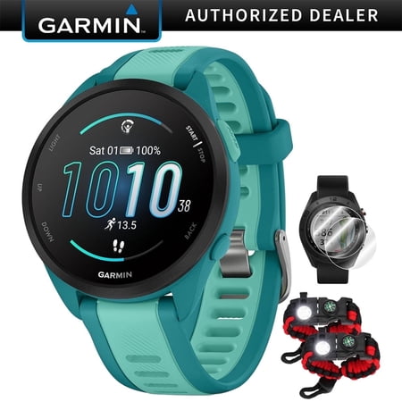 Garmin 010-02863-32 Forerunner 165 Music Smart Sport Watch, Turquoise + Aqua Bundle with Deco Essentials 2X Tactical Emergency Paracord Bracelet and 2X Screen Protector| Official Garmin USA Dealer