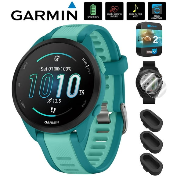 Garmin 010-02863-32 Forerunner 165 Music Smart Sport Watch, Turquoise + Aqua Bundle with Silicone Dust Cover 3 Pack, 2X 1.2 Inch Screen Protector and 2 Year Extended Warranty
